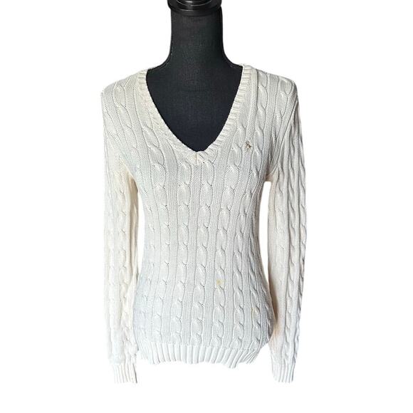 Polo Ralph Lauren Cable-Knit V-Neck Sweater – Classic Style w/ Gold Logo - Picture 1 of 7